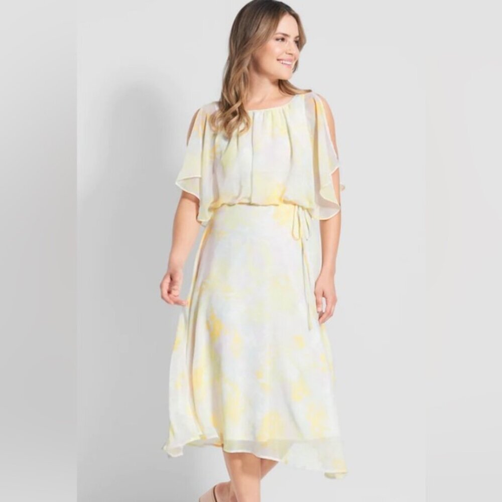 NWT Yellow Floral Chiffon Midi Dress Flutter Sleeves Size Medium